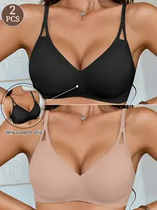 Women's Wireless Knitted Plaid Bra, Everyday Underwear, Medium Support, Casual Style, Deep V Neckline, Comfortable Fitted Design, All Seasons Wear