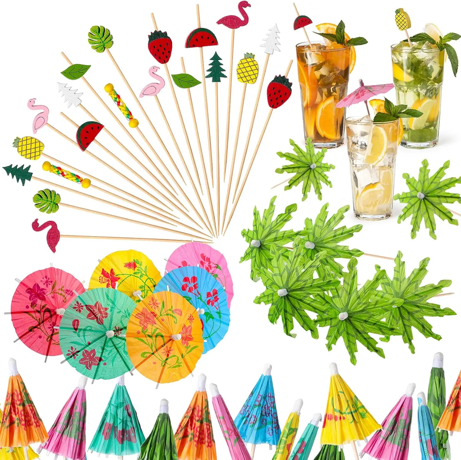 160PCS Cocktail Drink Decoration Accessories Set - 60 Umbrella Shape Cocktail Umbrellas, 100 Natural Bamboo Coconut Palm Colorful Fruit Picks - Kitchenware Drinkware Supplies for Tropical Fun, Holiday, Birthday Parties