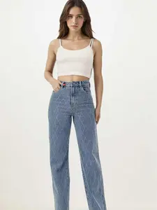 【Exclusive for fans】LM Rhinestone Diamond Pattern High Waist Wide Leg Jeans Light Blue Women's Vintage Fashion Stretch Denim Pants Bottoms FitFashionable and versatile