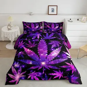 Marijuana Weed Purple Black Comforter Set,Hippie Marijuana Leaf Bedding Sets for Adults Women Men,Cannabis Leaves Galaxy Comforter