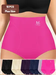 10-Pack Plus Size High-Waisted Body Shaping Ice Silk Smooth Seamless Women’s Underwear, Thin Summer Triangle Panties Briefs for Butt Lift