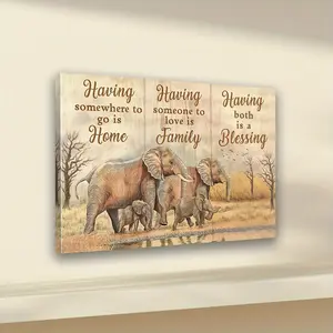 2D Flat, 2D Flat Frame Elephant Family Love Canvas Wall Art - Ready-to-Hang Wooden Decorative Painting, Suitable for Bedroom and Bathroom Decoration