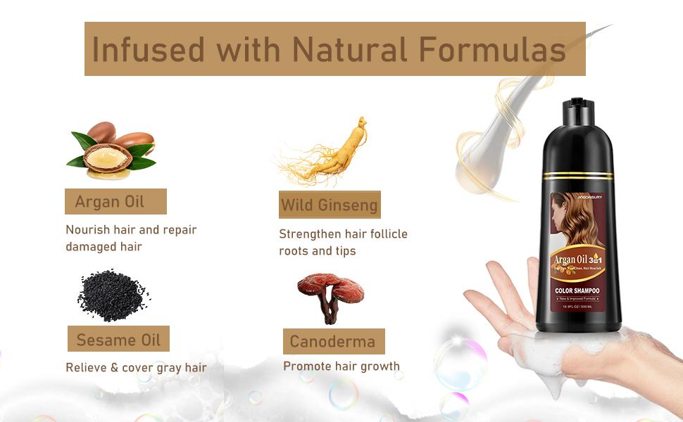 Herbal Chesnut Brown Hair Dye Shampoo With Argan Oil-3-IN-1 Shampoo Para Pintar el Cabello,  Champu Para Canas,Long Lasting For Grey Coverage