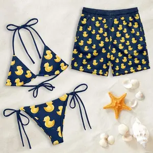 Matching Rubber Duck Couple Swimwear Set, Bikini and Board Shorts, Summer Beach Vacation Matching Couple Swimwear Set