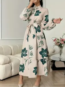 Elegant Women's Long Sleeve Fitted Dress with Floral Print, Waist Tie Design, Perfect for Casual Wear & Special Occasions
