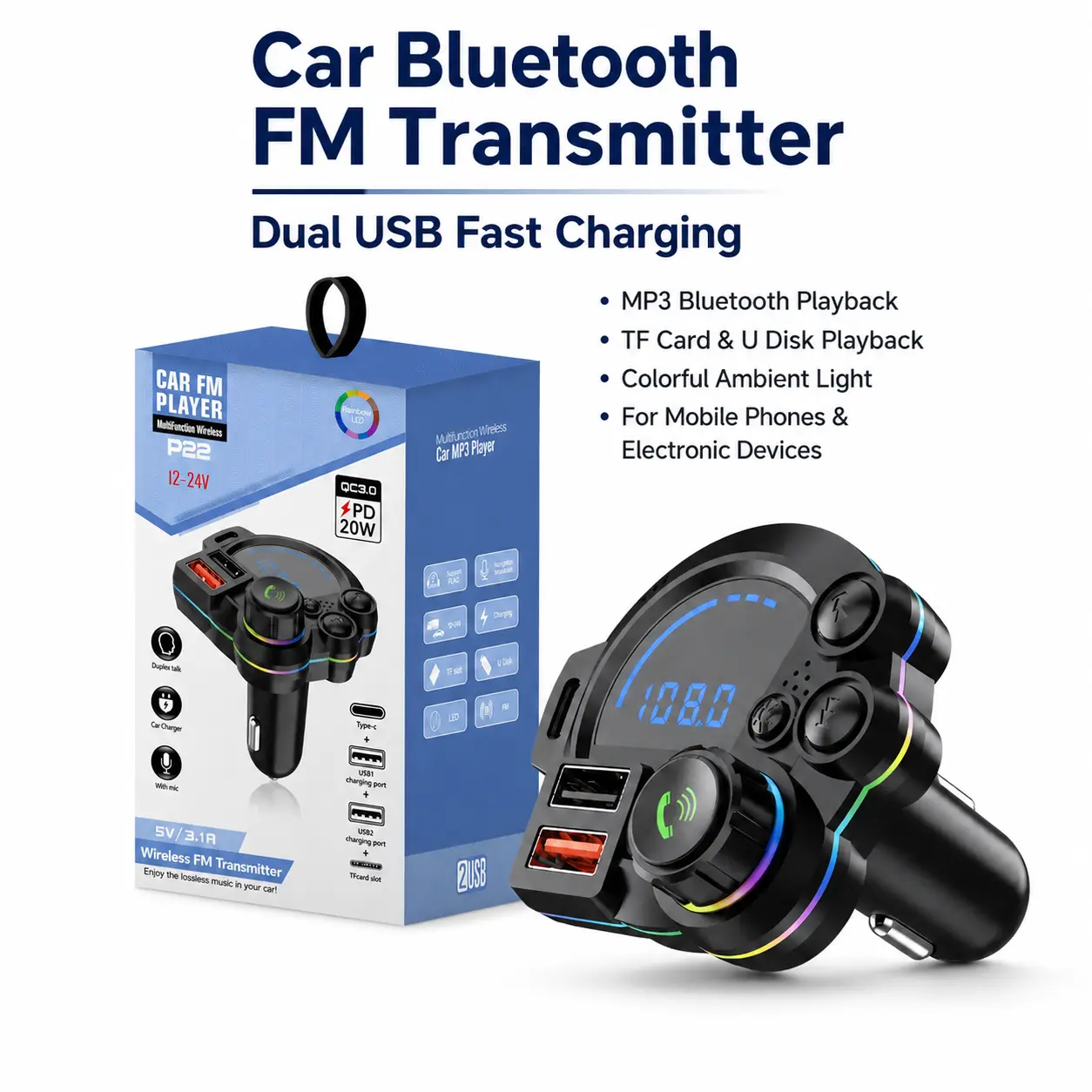 Wireless Radio MP3 Music Player for Car, PD 20W Type-C Car Charger, 5.3 FM Transmitter, USB 2-Port Fast Charging, RGB Color Light, Bass Sound Enhancer, Hands-Free Calling, Compatible with 12V-24V, Perfect for Road Trips