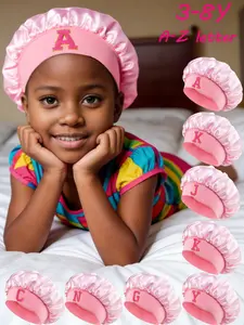 For Little Princesses! Pink Letter Embroidery Hair Care Bonnet,Anti-Hair Tangling | Kids Satin Hair Care Sleep Bonnet 3-8Y Hair Bonnets