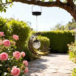 Solar Hanging Light, Eaves Decoration Lamp, Hollow Iron Bird Moon Design, Includes Broken Glass Ball, Outdoor Garden Yard Pathway Decor, Patio Hanging Lights, Outdoor Garden Lighting