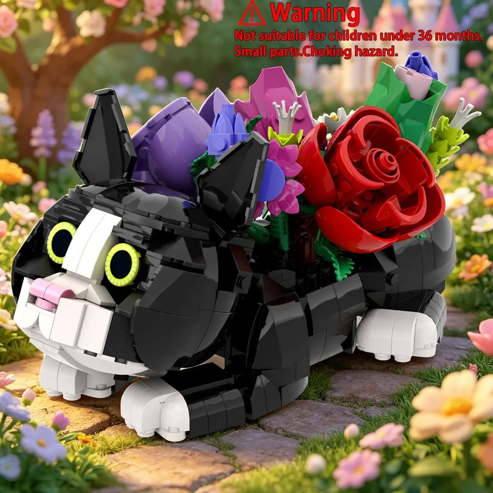 Cat Eternal Rose Bouquet Building Block Set,Creative DIY Gift for Home Decor&Ideal Gift for Cat&Rose Lovers&Birthday/Valentine, Building Blocks Model