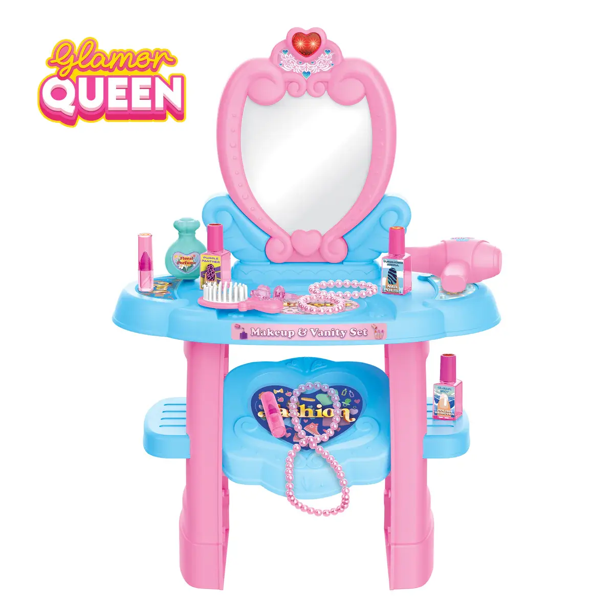 Glamor Queen Kid’s Vanity Playset 22-Piece Set with Mirror LED Lights & Spacious Storage for Pretend Makeup Play