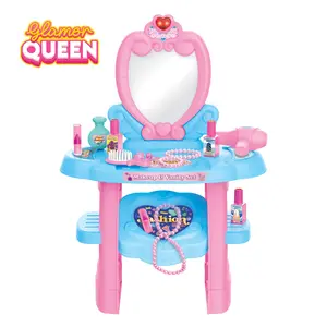 Glamor Queen Kid’s Vanity Playset 22-Piece Set with Mirror LED Lights & Spacious Storage for Pretend Makeup Play