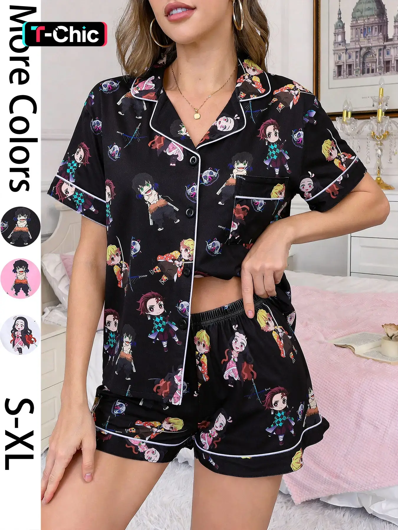 2-piece set of women's anime Ghost Slayer full of cartoon pattern printed short sleeved shorts, soft and comfortable top, small pocket lapel design, elastic waistband, home daily casual women's sleepwear set, Loungewear Pajama Womenswear