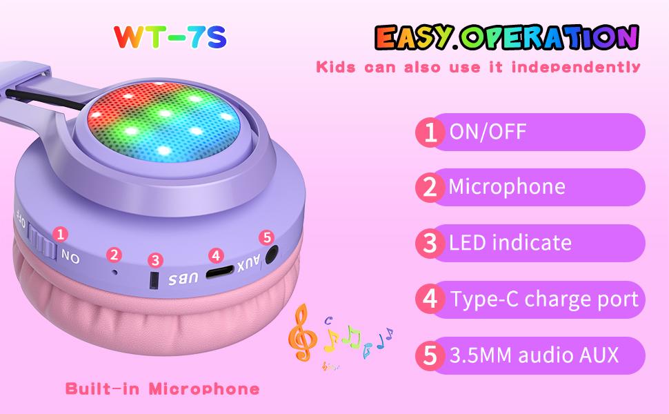 WT-7S Kids Bluetooth Headphones Light Up, Foldable Stero Wireless Headset,with Microphone and Volume Control,Comfortable and Durable,for PC/Tablet/TV/Travel(Purple) WT-7S Kids Bluetooth Headphones Light Up, Foldable Stero Wireless Headset,with Microphone and Volume Control,Comfortable and Durable,for PC/Tablet/TV/Travel(Purple)