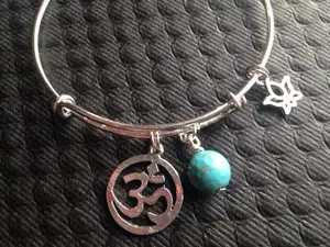 Lotus Om and Turquoise Wire Wrapped Stone Silver Adjustable Bangle Charm Bracelet Expandable Charm Bracelet
