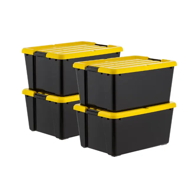 IRIS 45 Qt Black Plastic Stackable Storage Bin with Lid Tote, Plastic Storage Container with Lid, 4-Pack