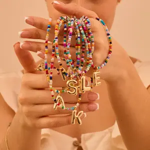 VRIUA Colorful Letter Necklace for Women Bubble Initial Letter Handmade Beaded Necklace Dainty Custom Cute Beach Boho Necklace Modern Versatile Accessories