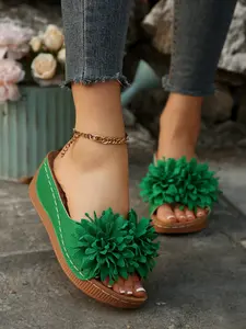 Women's Beige Flower Embellished Wedge Slides, Open Toe Slip-On Summer Backless Sandals, Floral Sandals