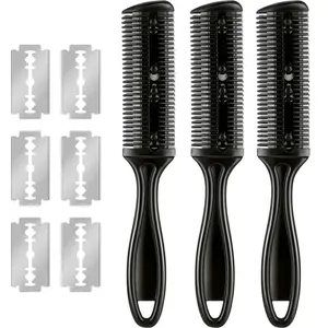 3 Pieces Razor Comb with 10 Pieces Thinning Scissors, Double Edge Hair Cutting Tool (Black)