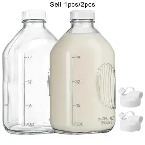 Glass Milk Bottle with Reusable Dispenser Lid and Seal Cap, 64oz Glass Water Jug with Measurement Marks, Cute Style, Water Bottles