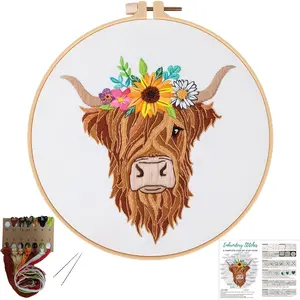 Embroidery Kits for Beginners with Highland Cow ,Adults Starter  Stitch Kit DIY Needlepoint