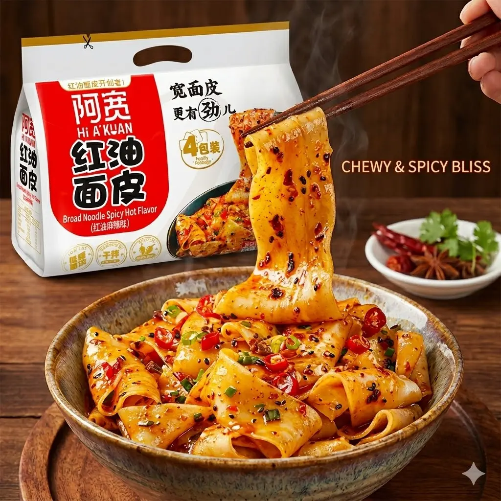 AKuan Instant Broad Noodles - Spicy Red Oil Flavor Sichuan Dry Mix Wide Noodles (15.5 oz / 440g) Food