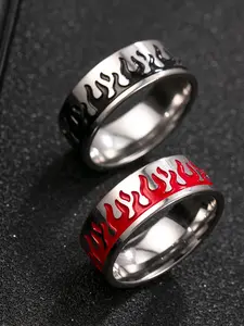 Men's Vintage Oil Brush Flame Pattern Stainless Steel Ring Set, 2 Piece Stacking Rings Fashion Jewelry for Daily Wear & Special Occasions Unique Rings Stackable Ring