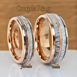 Fashion stainless steel wedding rings with faux meteorite and deer antlers, rose gold wedding rings for couple's wedding anniversary