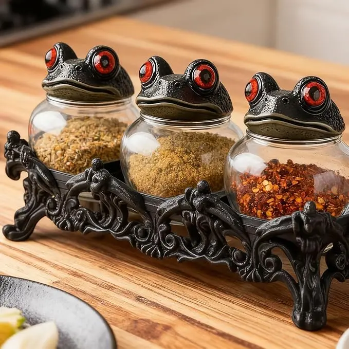 Witch Frog Apothecary Spice Jar, a handcrafted vintage glass storage container with a red-eyed frog lid, a Gothic kitchen herb tea food storage container, a decorative and interesting home accessory showcasing