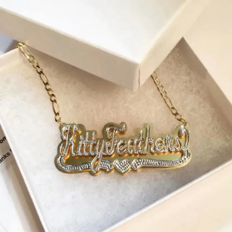 KittyFeathers Custom Double Layer Corrosion NK Necklace with Heart Pendant Personalized Nameplate 3D Double Color Strap