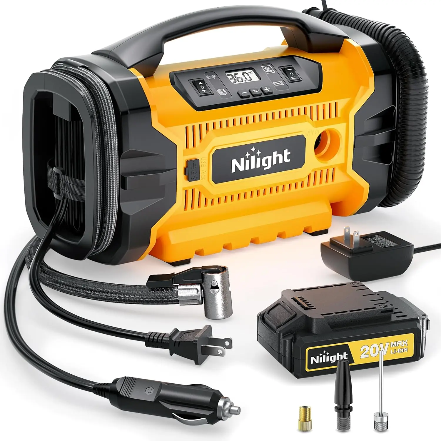 Nilight Automotive Tire Inflator - 1500mAh Rechargeable Cordless Portable Air Compressor, 12V Digital Car Tire Pump for Vehicle, Car, SUV, Motorcycle, Vehicle Tire Inflator