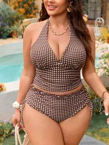 LAMIKA 2026 New Plus Size Women 2pcs Set Random Plaid Print Elegant Ruffle Trim Casual Tankini Swimsuit, Summer