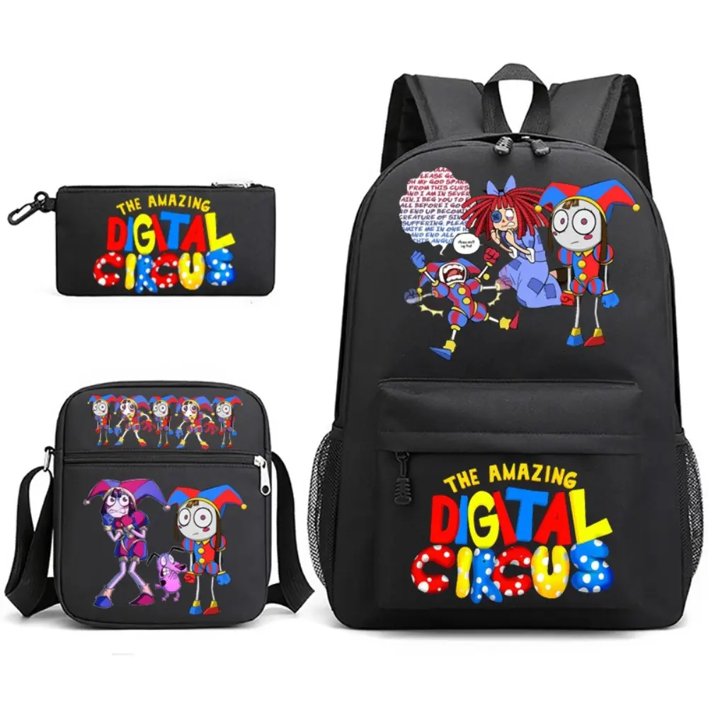 3Pcs The Amazing Digital Circus Cartoon Print Backpack Set for Boys Girls Kids Teens, Solid Black Large Capacity Lightweight Water Resistant Student School Backpack, Casual Daypack with Crossbody Lunch Bag & Matching Pencil Pouch for Campus Travel Cartoon