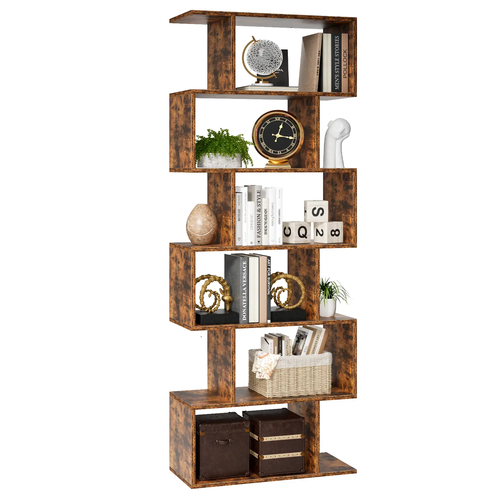 62" Geometric Bookcase, 5-Tier S-Shaped Modern Bookshelf, Tall Room Divider Shelf for Living Room, Bedroom, Home Office, Hallway 62" Geometric Bookcase, 5-Tier S-Shaped Modern Bookshelf, Tall Room Divider Shelf for Living Room, Bedroom, Home Office, Hallway
