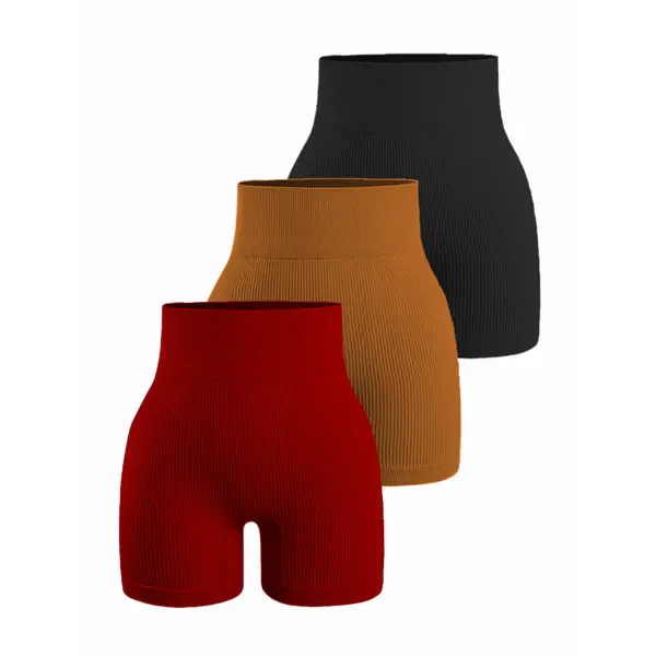 3pcs Solid Color Ribbed Yoga Shorts, High Waist Stretchy Running Fitness Sports Shorts, Women's Activewear
