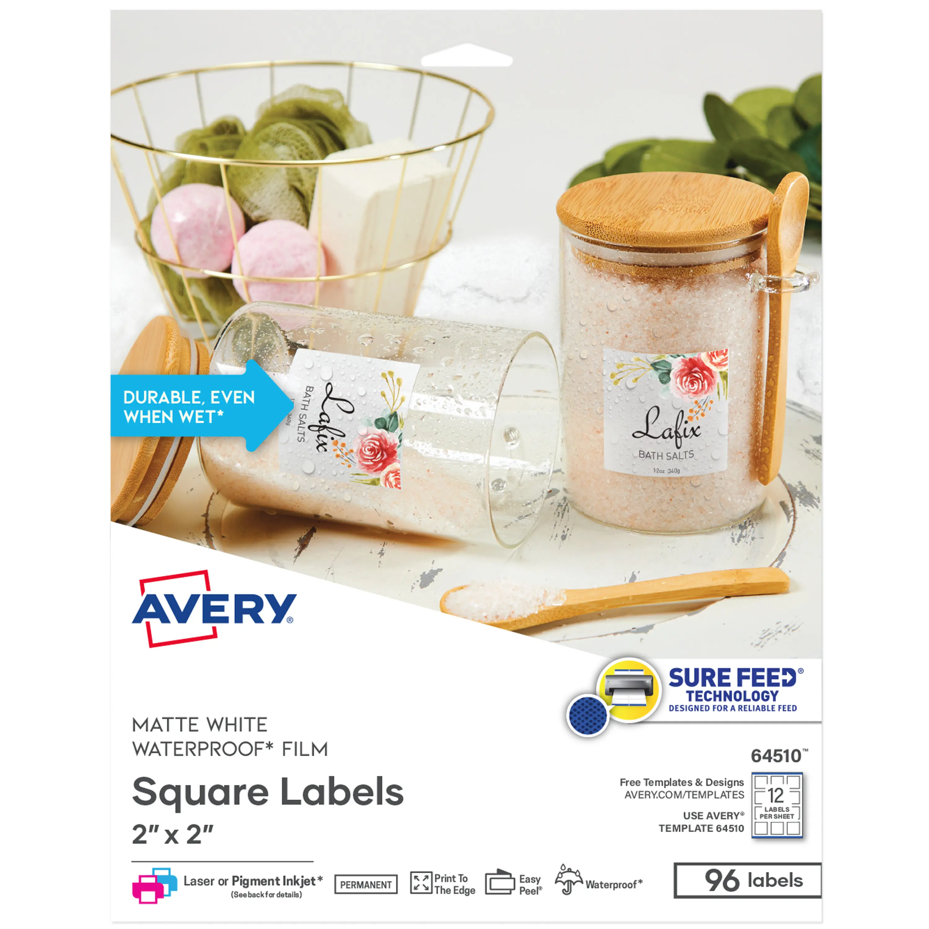 Avery Durable Waterproof Square Labels with Sure Feed Technology, 2" x 2", White, Laser & Pigment-Inkjet Compatible, 96 Blank Labels Total (64510)