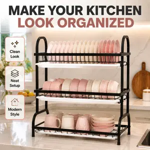 Black 3-Layer Carbon Steel Kitchen Dish Rack & Organizer - Rust-Proof, Lightweight, Sturdy, Compartmentalized Clutter-Free Draining Boards, Chopstick, Utensil, Bowl, Plate Holders, Cutting Board Slot for Small Kitchens, Apartments