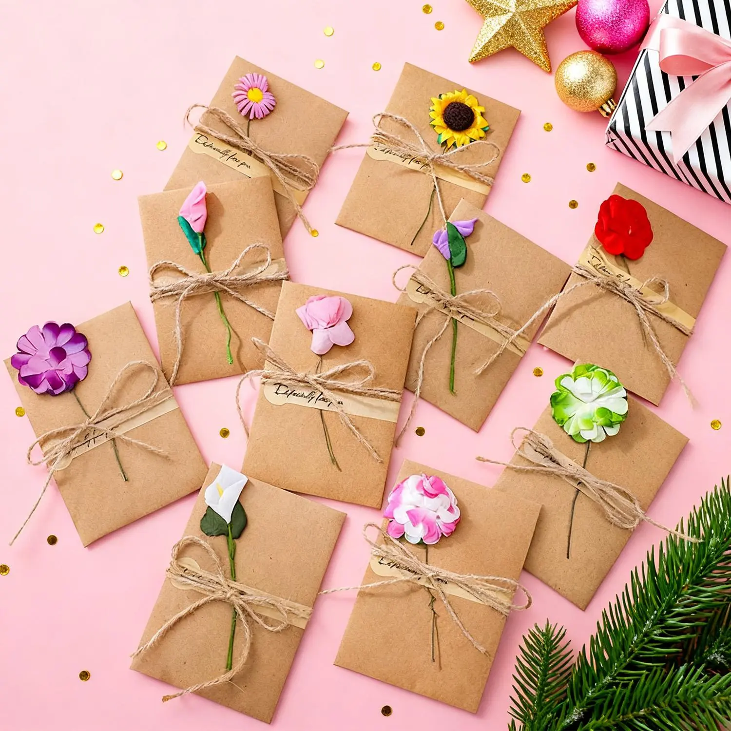 10-Pack Vintage Kraft Handmade Dried Flower Custom Art Greeting Cards - Blank Writable Message Cards for Valentine's Day, Birthday, Anniversary Festive Home & Party Decor Supplies, Custom Art Card