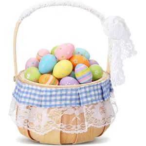 Easter Bunny Basket with Handle Small  Ears Picnic Basket Empty for Easter Eggs Hunt, Candy Storage, Outdoor Camping, Birthday, Halloween Costume(Blue and White,Round Style)