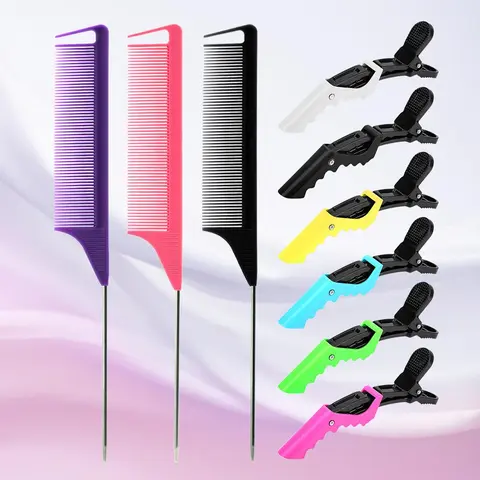 Hair Comb Set, Haircut Combs, Comb Design, Including 3 Counts Professional Pointed Tail Hair Styling Comb and 6 Counts Hair Clips, Anti-static Hair Dye Brush, Barber Steel Needle Pin Rat Tip Comb, Grooming Comb, Hair Styling Tools