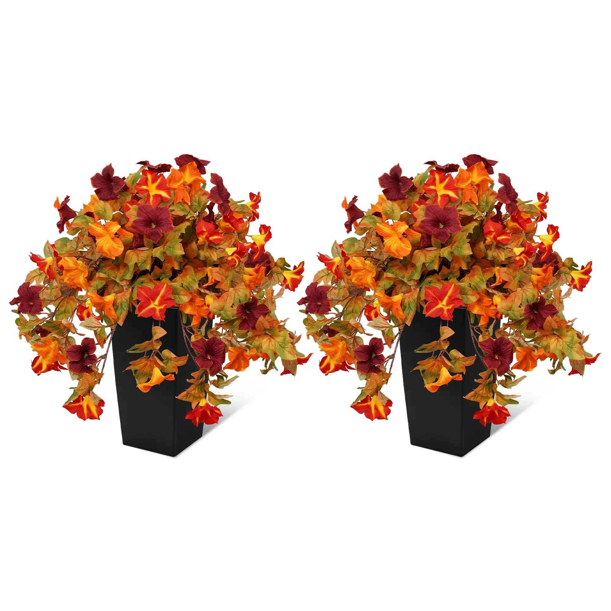 Set of Two Autumnal Floral Arrangements Morning Glory in Black Vases - Vibrant Orange and Red Leaves for Seasonal Decor