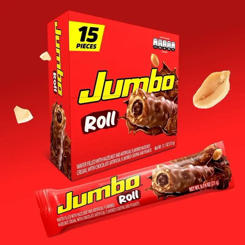 Hazelnut and Chocolate Peanut-Filled Wafers, Jumbo Roll Box with 15 Individually Wrapped Units
