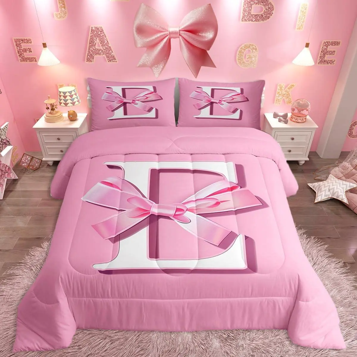 Dreamy Bow Bedding Set,Gifts for Women Teen Girl,,Decor Ultra Soft Monogrammed Bedding Set,Initial Letter E Comforter Kawaii Pink,Duvet Set Room Decor Unique Quilt Set