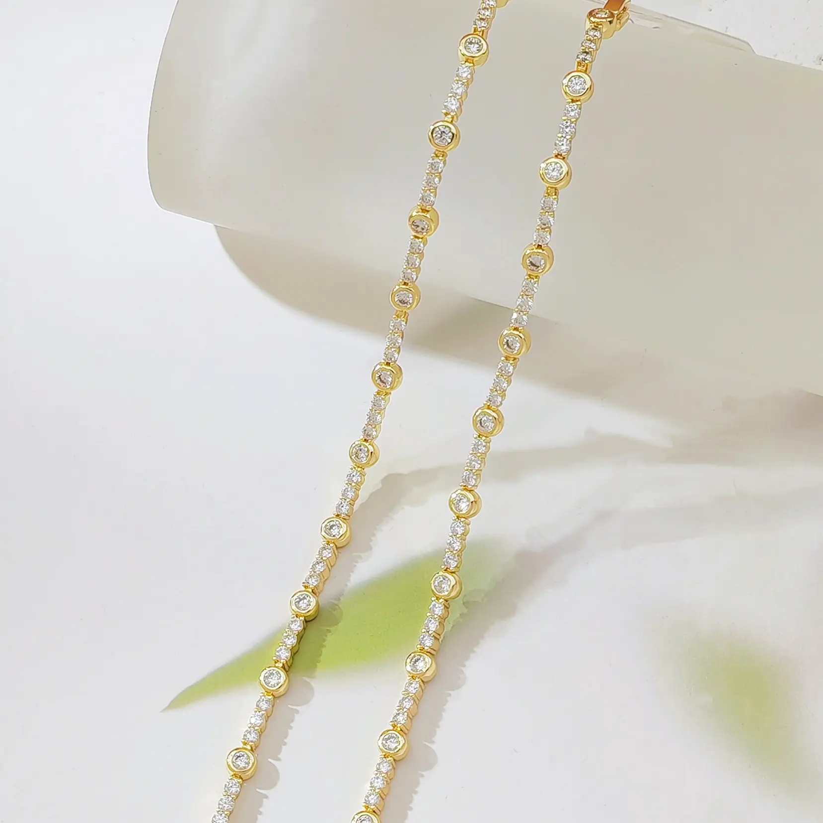 Gold Plated Alternating Round Bezel Zircon Tennis Bracelet, Dainty Thin Sparkling Crystal Wrist Chain Jewelry For Women