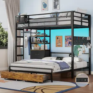 Sikaic Twin Over Full Bunk Bed with 4 Storage Drawers & 3-Tier Bookshelf, Metal Bunk Bed with LED Lights & Charging Station, L-Shaped Bunk Bed with Guardrail & Ladder summergarden