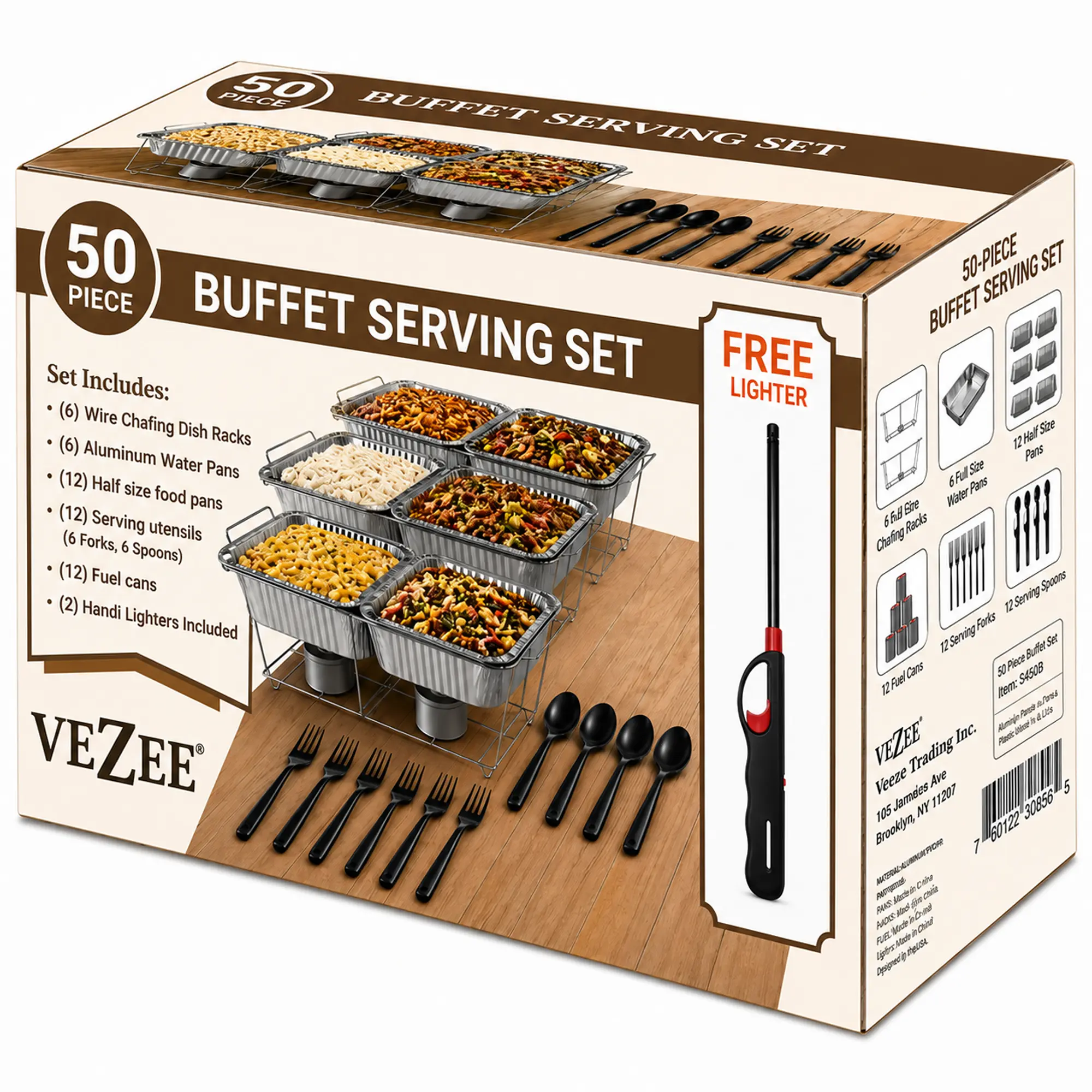 VeZee 50-Piece Eco-Friendly Buffet Serving Set - Rectangular Durable Aluminum Pans, Chafing Dishes, Wire Racks, Water Pans, Serving Utensils, Fuel Cans, Free Lighter for Catering, Weddings, 50 Pieces, Events