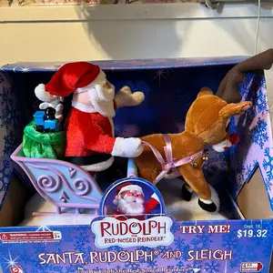 2005 Gemmy Rudolph The Red-Nosed Reindeer Musical & Animated Santa Sleigh