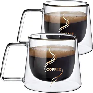 1-2pcs200ml glass mugs with handles, double layer coffee mugs with gold label, espresso cups. Ideal for restaurants, parties, holiday gifts and birthday gifts for family and friends.