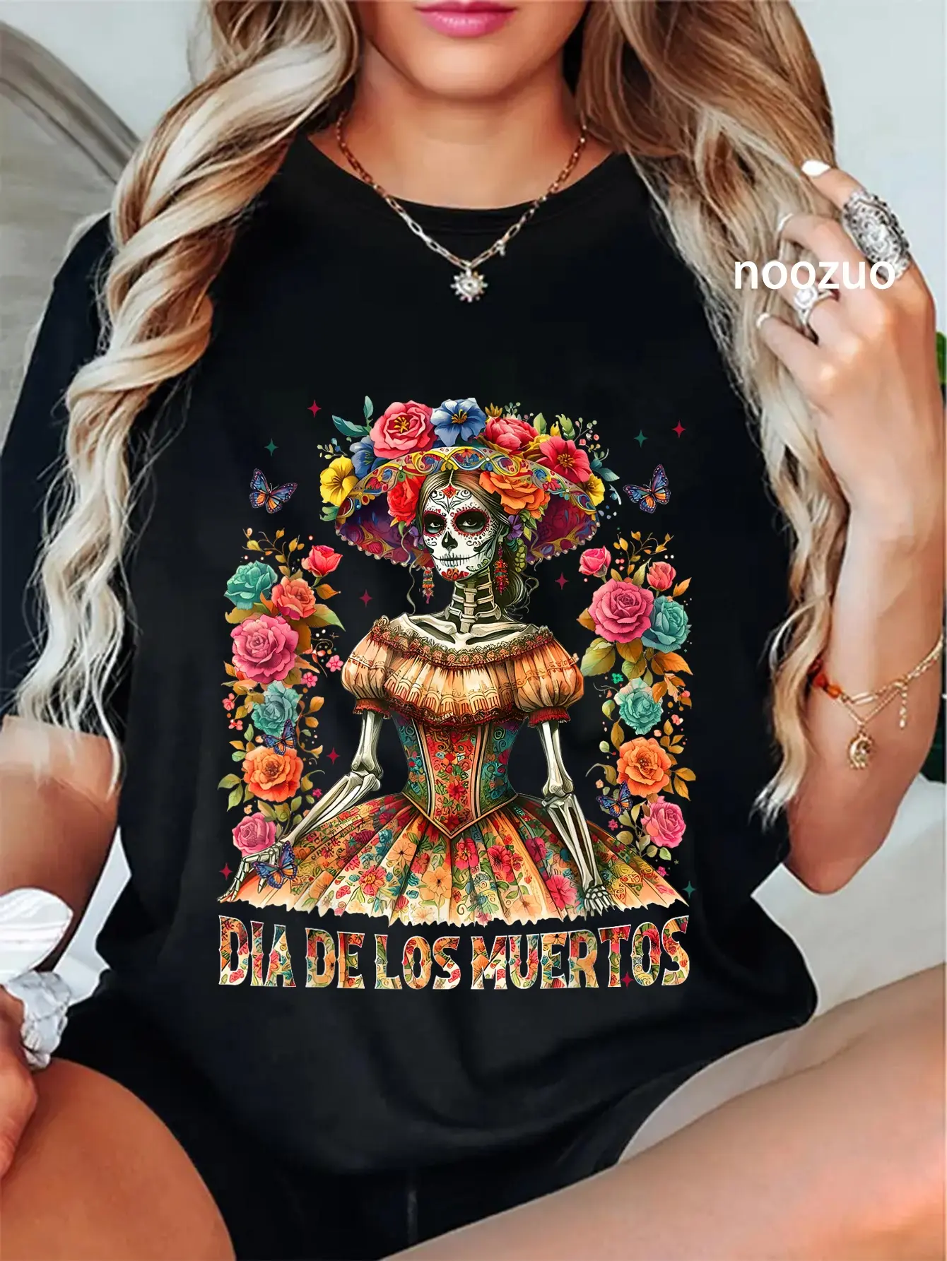 Women's Whimsical Catrina Lady Tshirt, Playful Streetwear Top for Dia De Los Muertos Holiday and Parties, Graphic, Everyday, Distressed Look, Shortsleeve, Vintage, Casual, Cotton, Round Neck, Easy Pick For Parties, Party