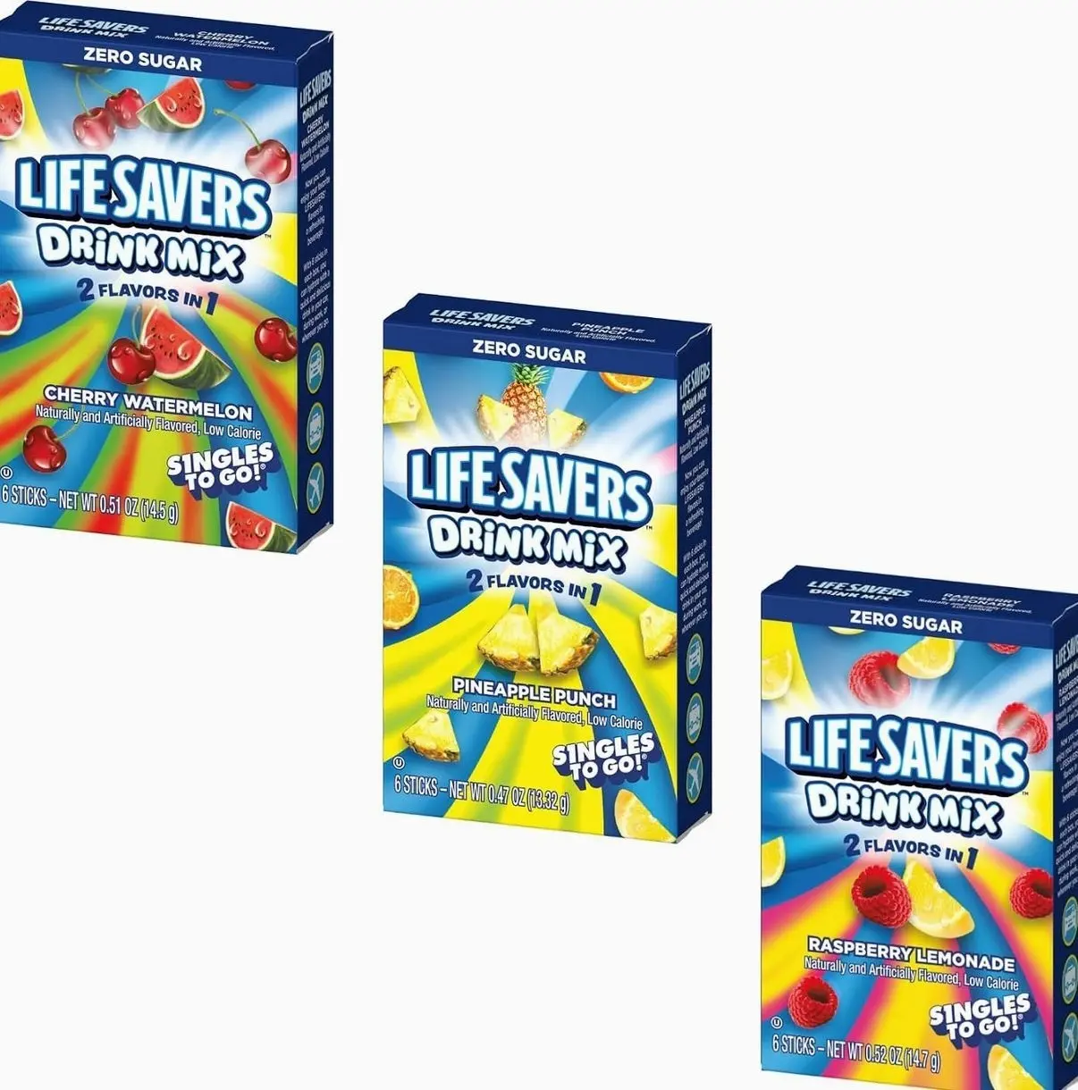 Lifesavers Singles to Go Variety Pack of 3 - One of Each Flavor - Cherry Watermelon, Pineapple Punch, and Raspberry Lemonade - Powdered Drink Mix
