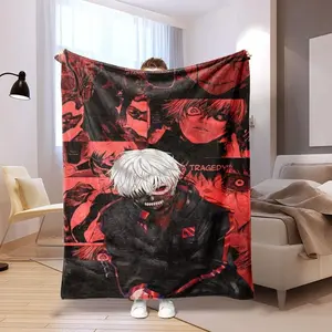 1PC Tokyo Ghoul-themed Flannel Throw Blanket, Daily Cover, ultra-soft and cozy, featuring black and red as the primary color scheme to create an oppressive yet intense atmosphere. Thin Blanket Dream Workshop